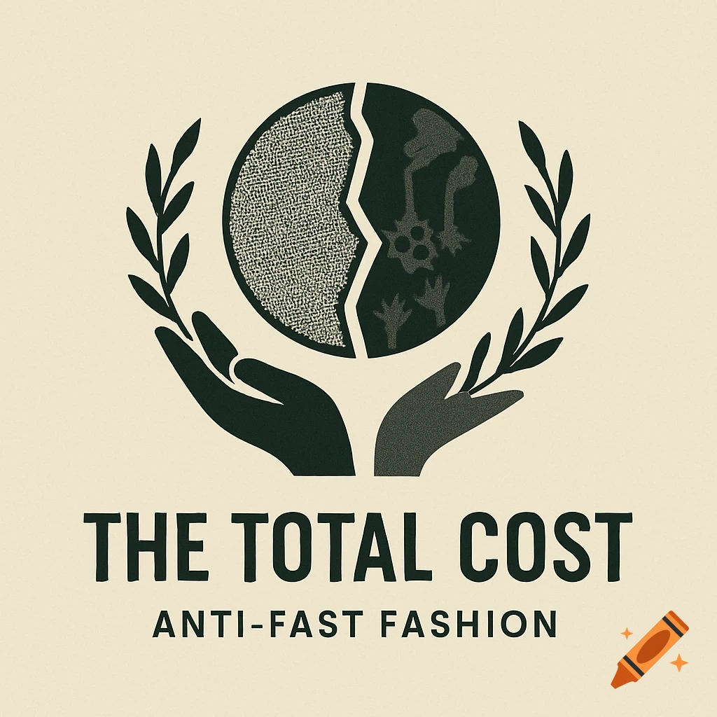 A stylized logo for "The Total Cost Anti-Fast Fashion" company, featuring hands holding a broken dark green and textured globe with olive branches on a beige background.