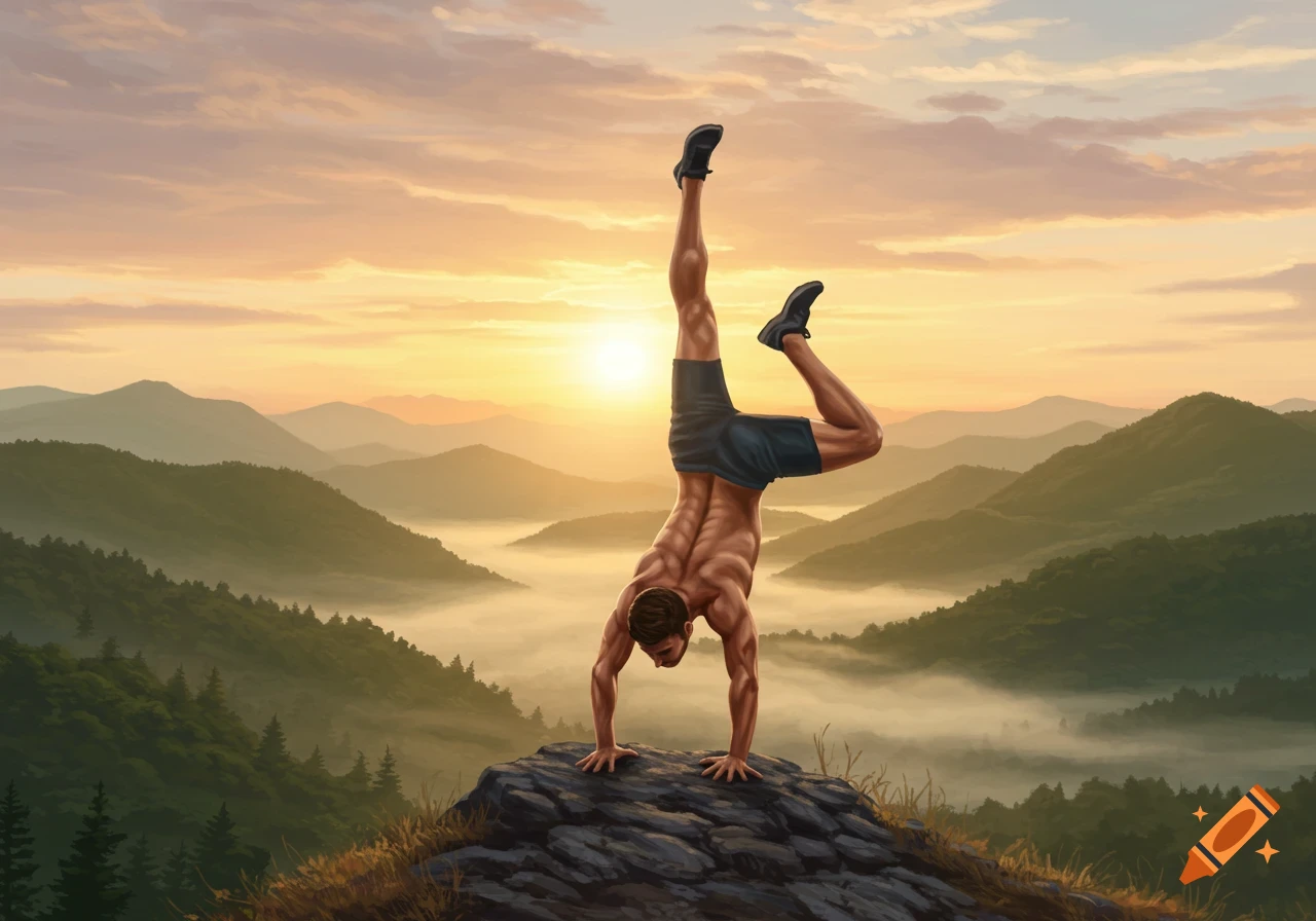 Shirtless man in shorts does a handstand on a rocky mountain peak at sunrise, misty valleys below. Illustration.