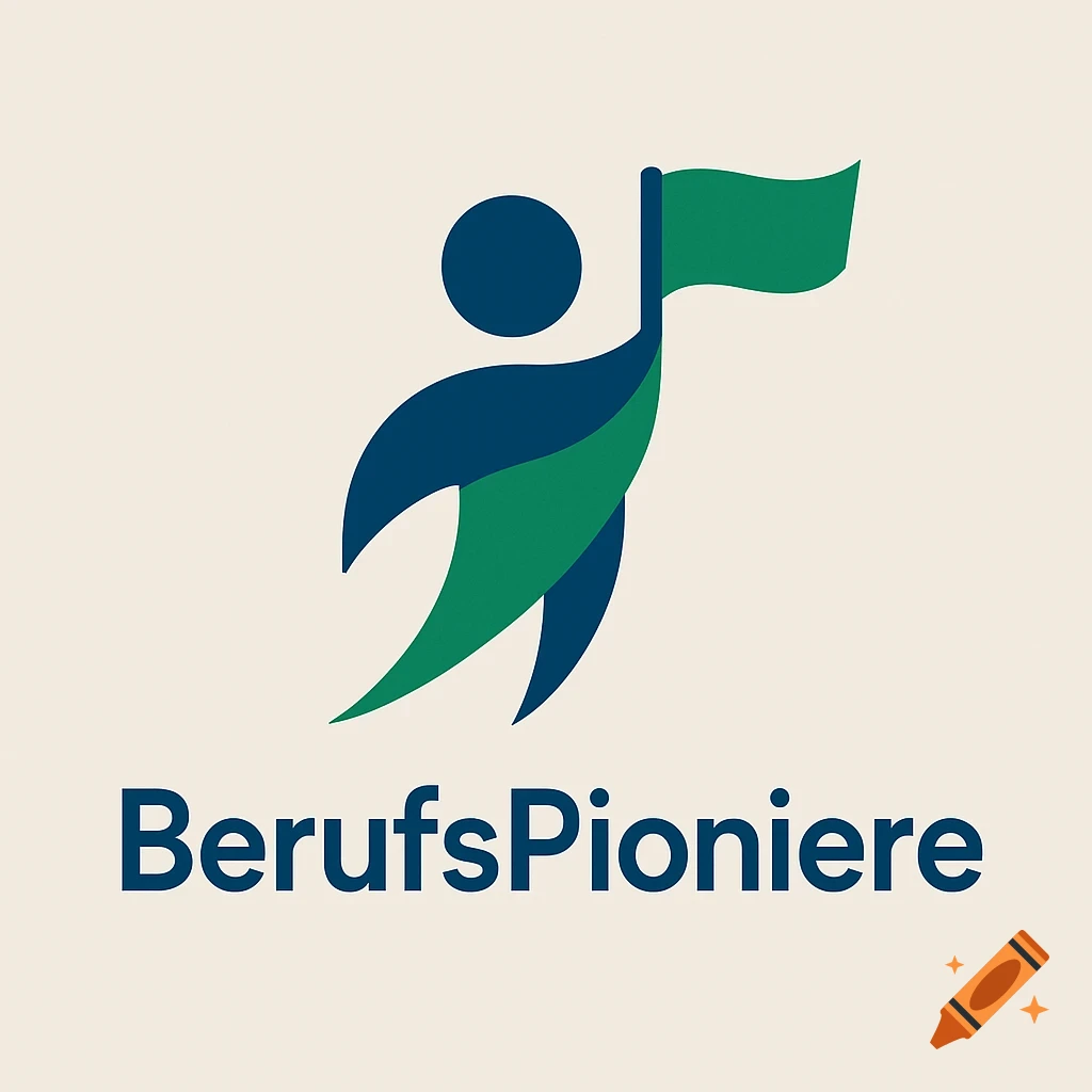 Minimalist blue and green logo of a stylized figure holding a flag, with "BerufsPioniere" text below.