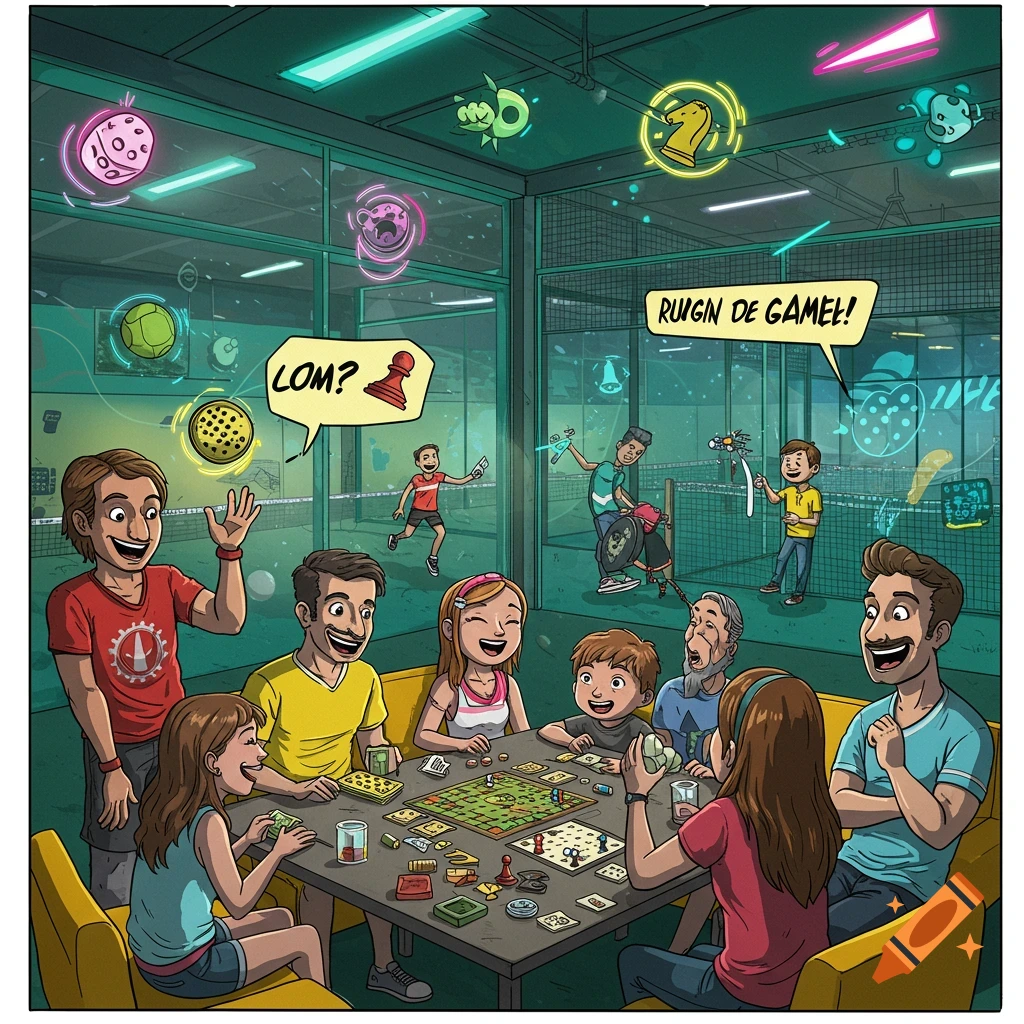 A vibrant comic illustration of diverse people playing board games at a table inside an indoor paddle club, with others playing paddle in the background.