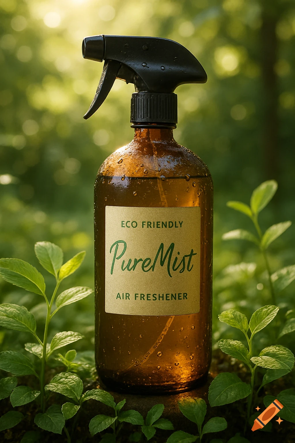 A brown glass spray bottle labeled PureMist Eco Friendly Air Freshener, covered in water droplets, in a lush green forest.