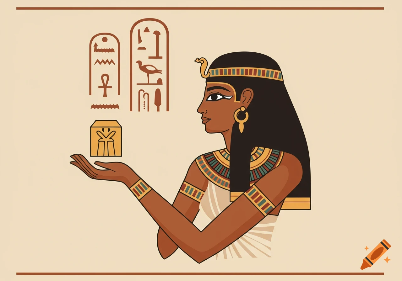 Flat vector illustration of an ancient Egyptian woman in profile, holding a golden box, with hieroglyphs above it.