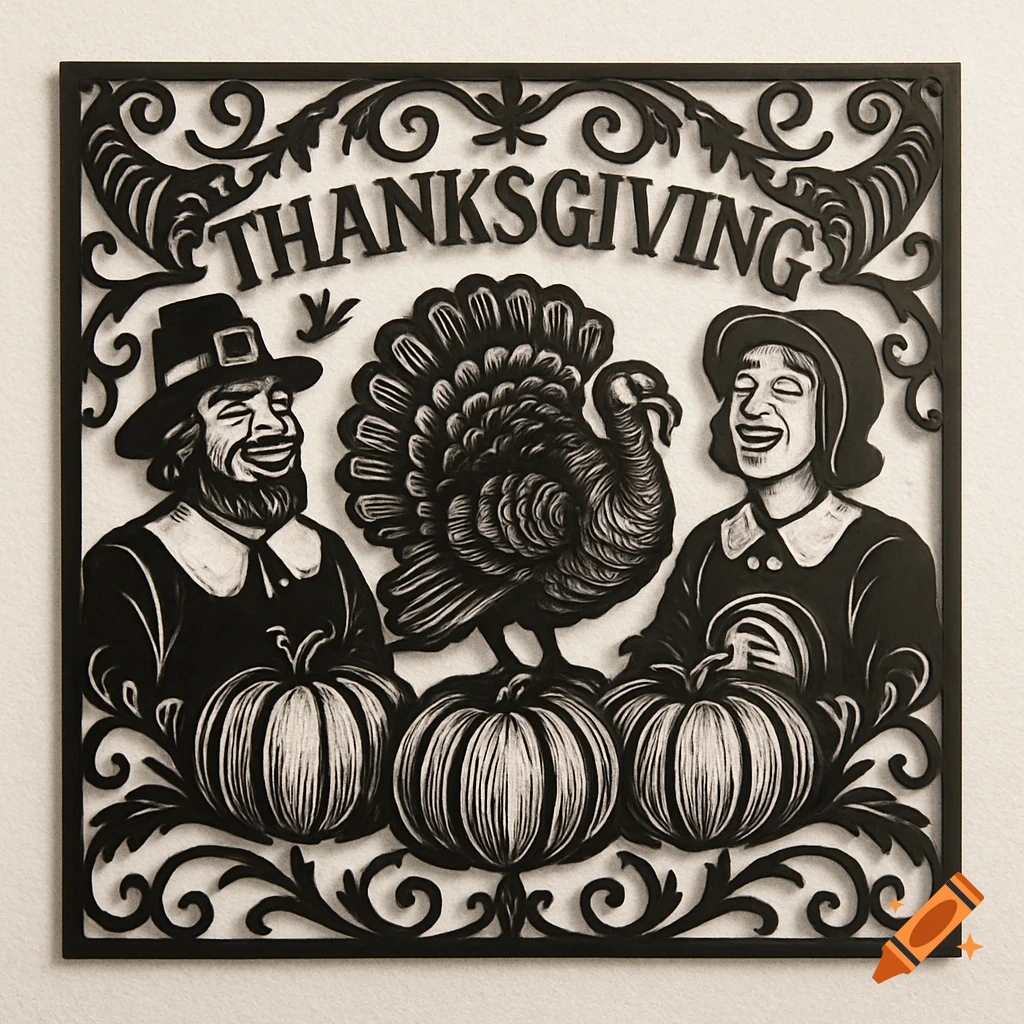 Black and white paper cut-out style image with pilgrim man and woman, a turkey, pumpkins, and 'THANKSGIVING' text.