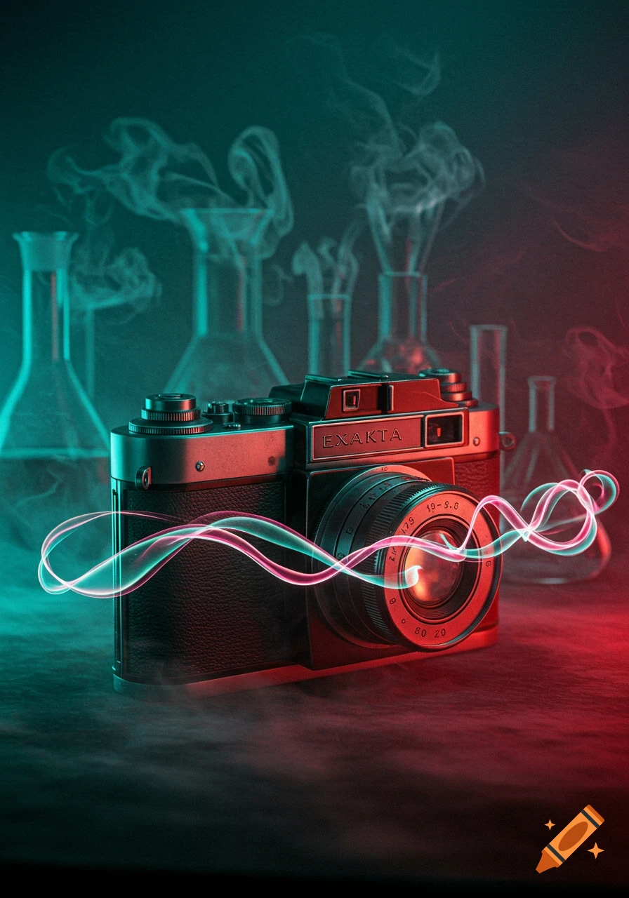 A vintage 'EXAKTA' camera and chemistry beakers with smoke, illuminated by red and teal neon lights and a glowing light trail.