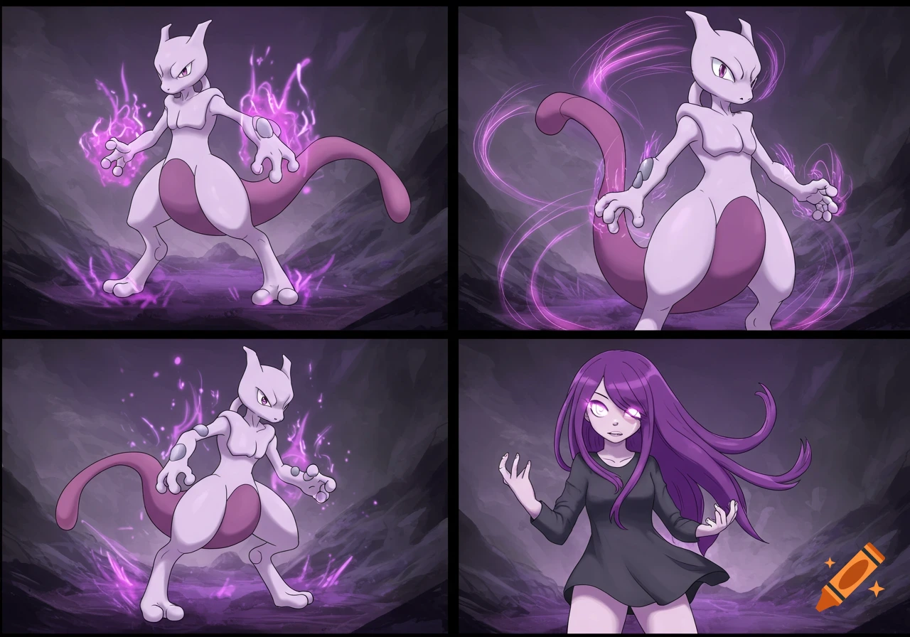 Four-panel anime comic showing Mewtwo surrounded by purple energy, then transforming into a human girl with purple hair.