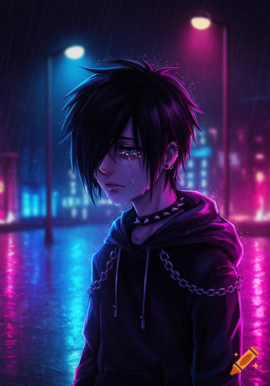 An emo anime boy with black hair and a spiked collar cries in the rain under neon streetlights in a city.