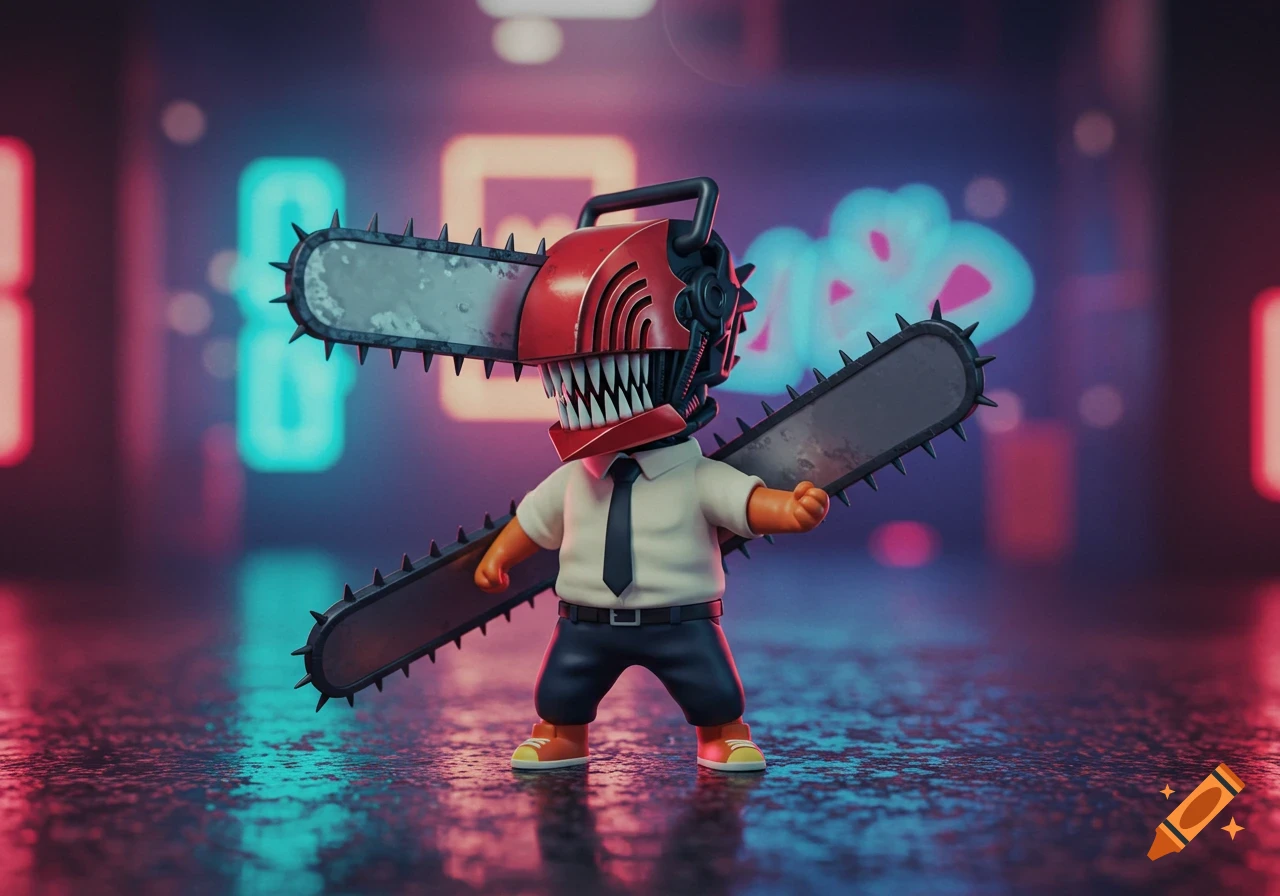 3D chibi Denji from Chainsaw Man, with a red chainsaw head and arm chainsaws, on a reflective street with neon lights.