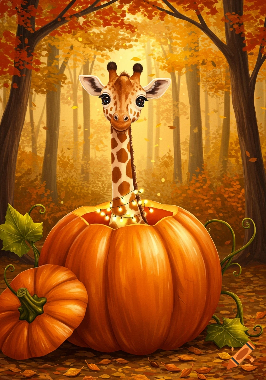A cute cartoon giraffe emerges from a large carved pumpkin adorned with string lights, surrounded by smaller pumpkins and autumn leaves in a forest.