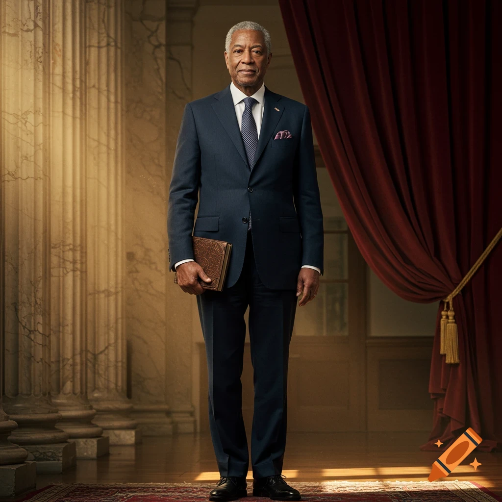 A distinguished older man in a navy suit holds a patterned book, standing in a grand room with columns and red drapes.