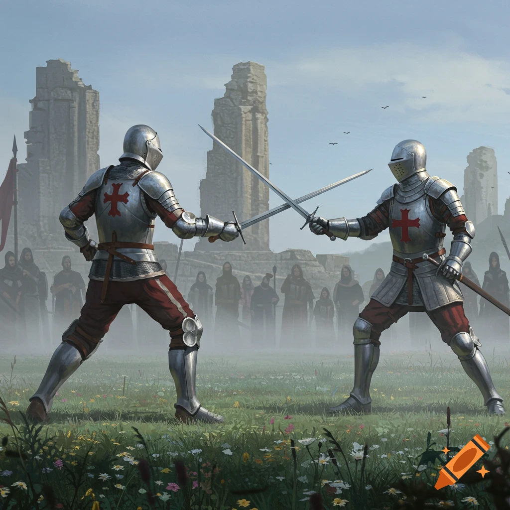 Two armored knights in red and silver armor duel with swords in a grassy field before ancient ruins and a blurred crowd.