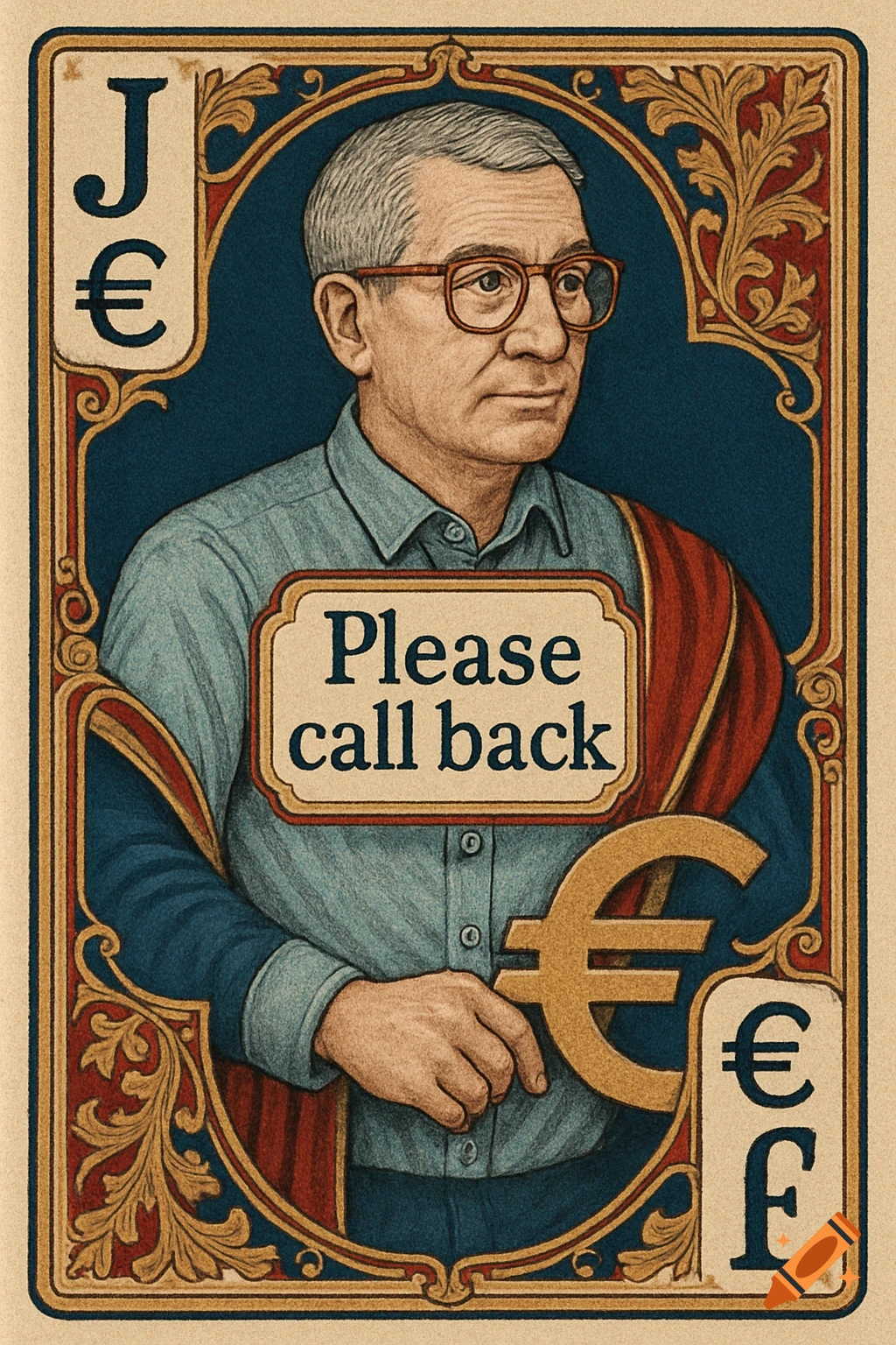 An ornate playing card resembling a Jack of Clubs, with a man wearing glasses and a light blue shirt, holding a gold Euro sign. The text "Please call back" is in the center. "J" and "€" are in the top left, and "€" and "£" are in the bottom right.