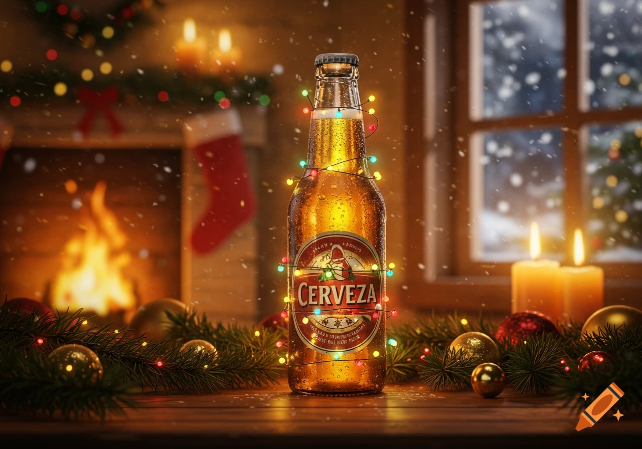 A frosted beer bottle adorned with colorful Christmas lights sits on a wooden table amidst festive decorations, with a fireplace and snowy window in the background.
