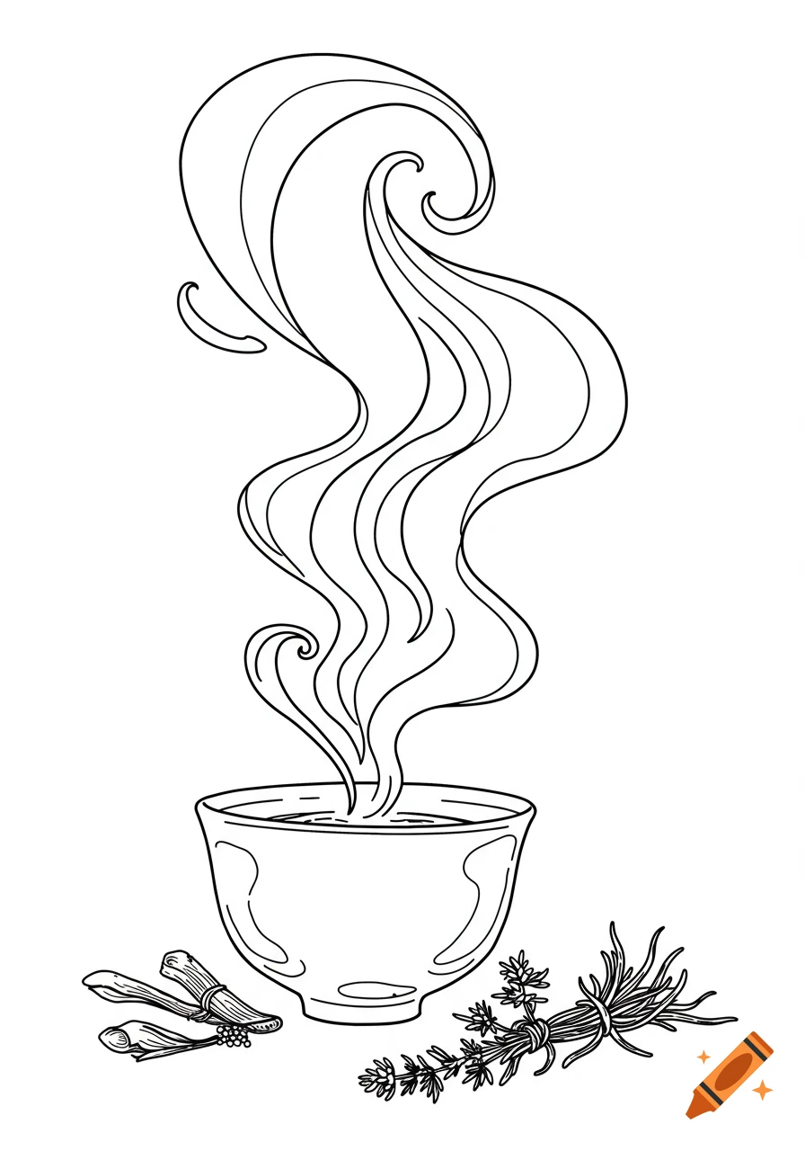 Black line art nouveau illustration of a Japanese tea cup with tall, flowing steam and a small collection of herbs.