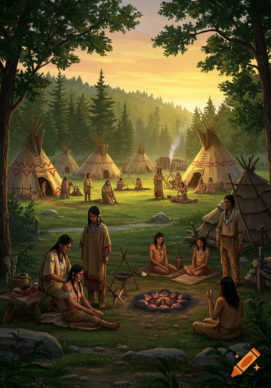 Illustrated painting of a Native American village at sunset, with people, teepees, and campfires in a forest clearing.