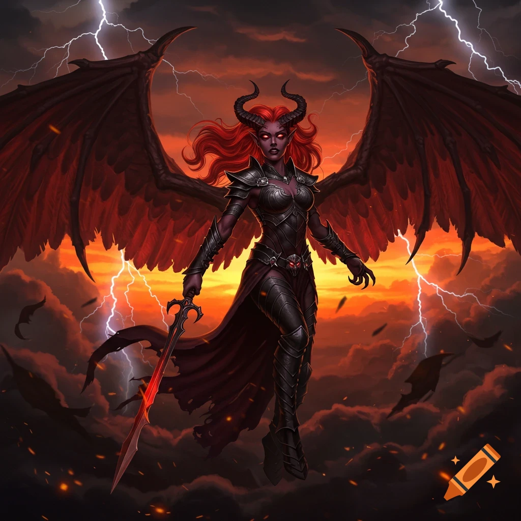 A red-skinned demoness with large black wings, horns, and glowing red eyes, dressed in dark armor, holding a fiery sword, against a stormy red and orange sky with lightning.