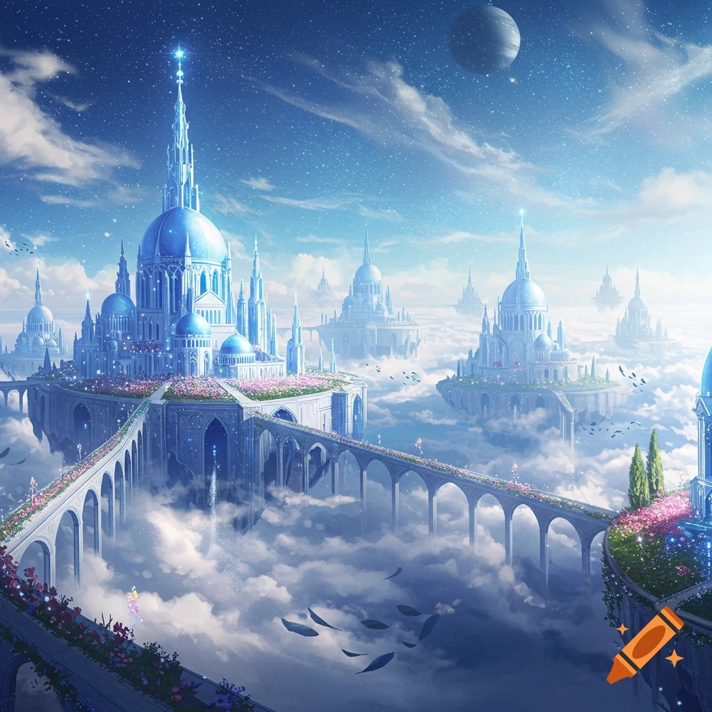 A breathtaking fantasy celestial city of white and blue crystal-like ...