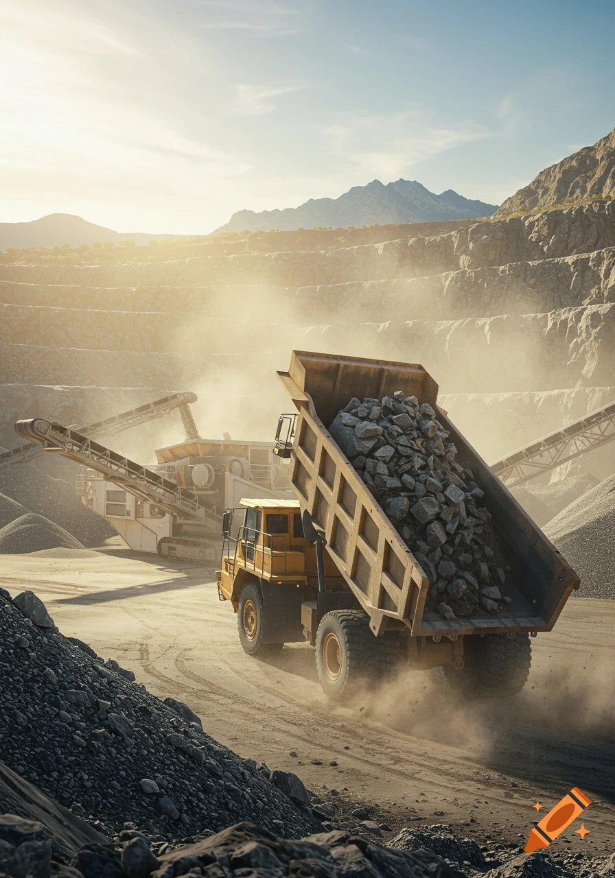 A large yellow dump truck empties its load of rocks into a primary crusher in a dusty, sunlit quarry with mountains.
