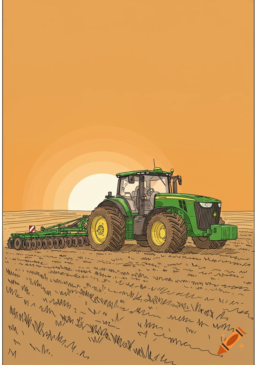 A green John Deere tractor pulls a disc harrow across a field at sunset, in a simple cartoon illustration style.