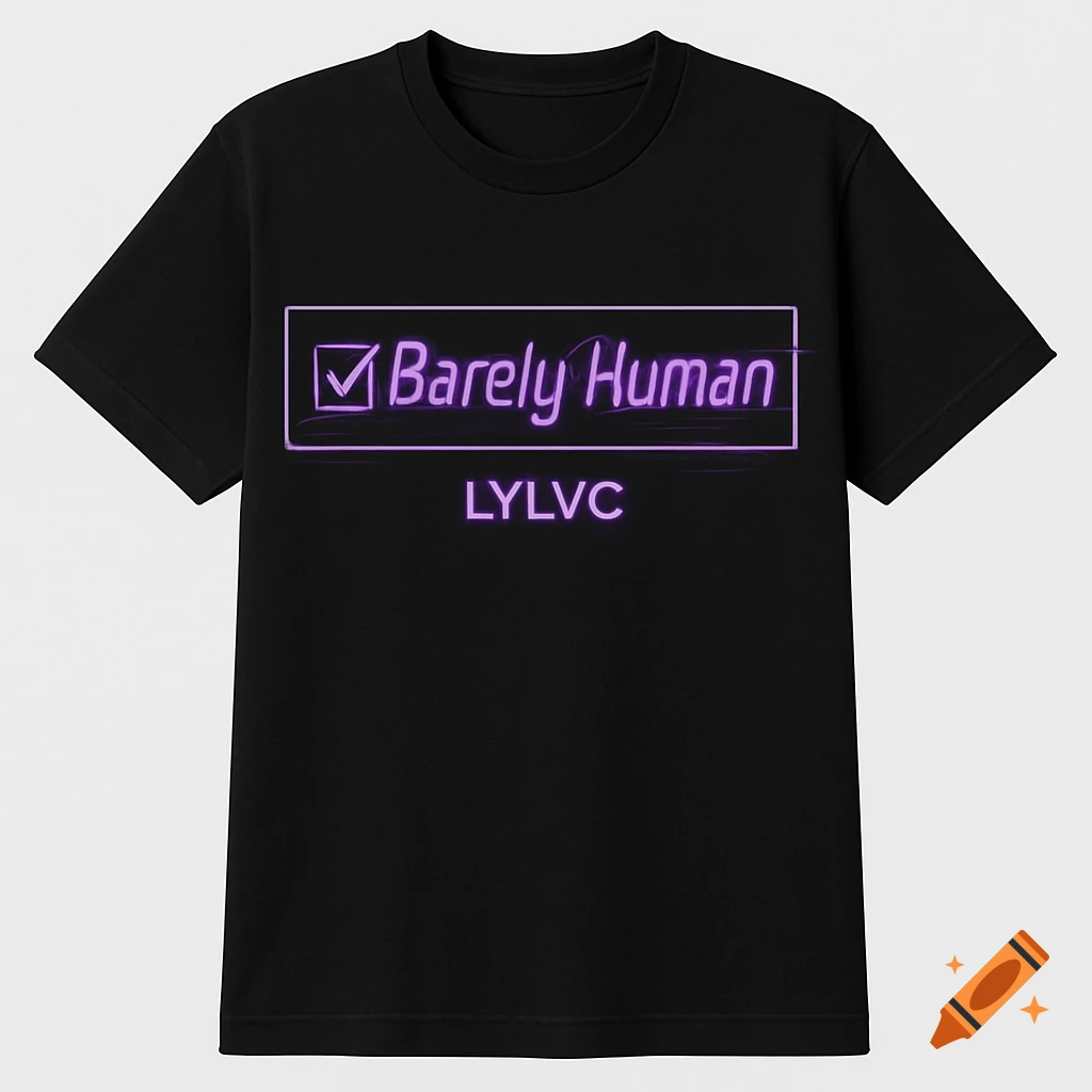 A black t-shirt with a purple neon design featuring a checked box and 'Barely Human' text with a glitch effect, and 'LYLVC' below.