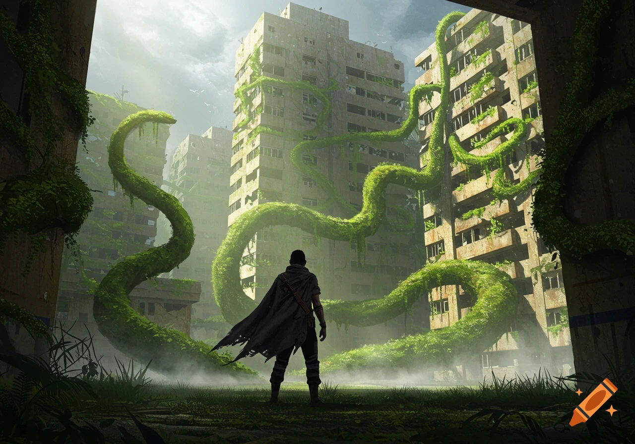 A lone cloaked figure stands in a post-apocalyptic cityscape with tall buildings covered in massive green vines.