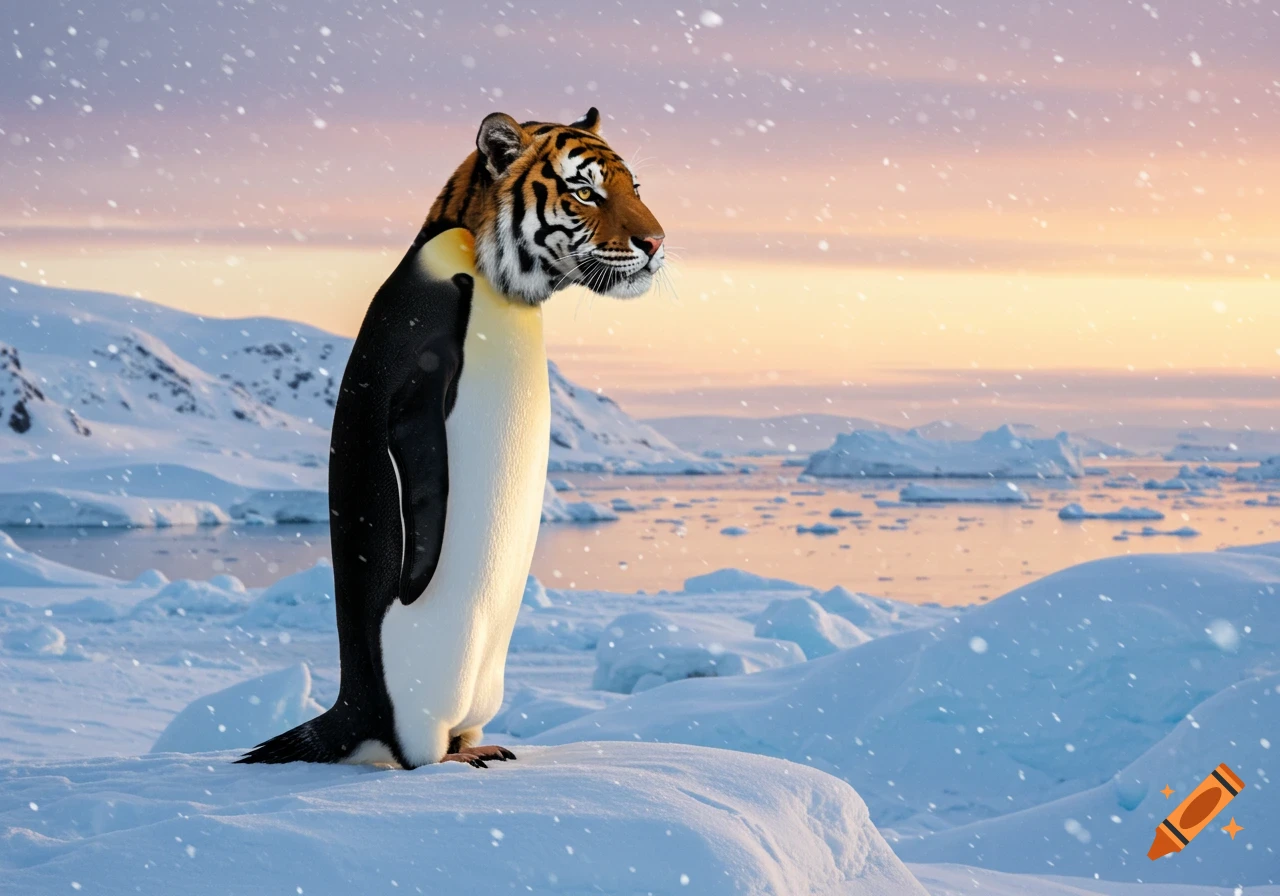 A penguin with a tiger head stands in a snowy arctic landscape during a sunset snowfall.