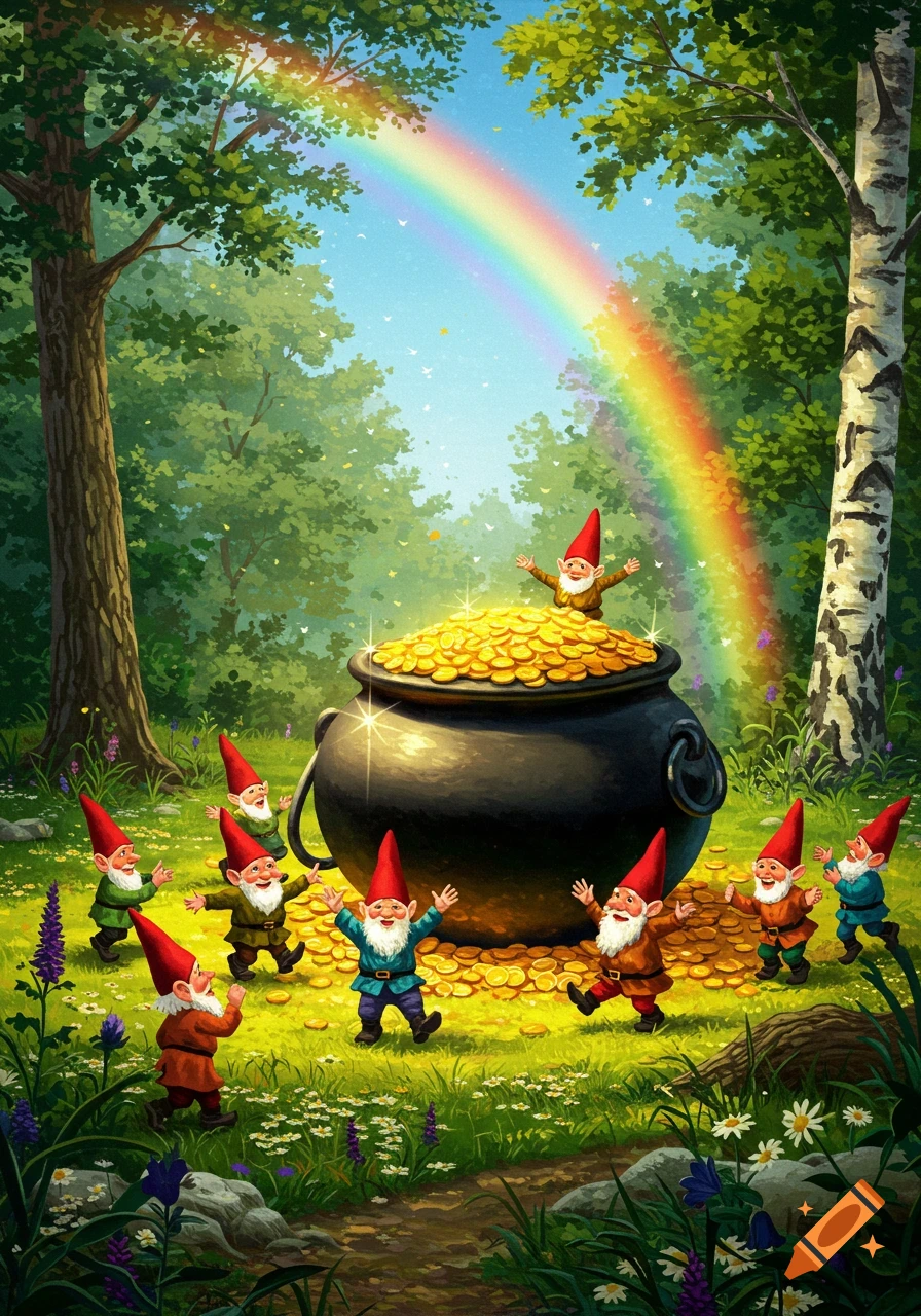 Jubilant gnomes gather around a shimmering pot of gold at the end of a vibrant rainbow in a sunlit forest clearing.