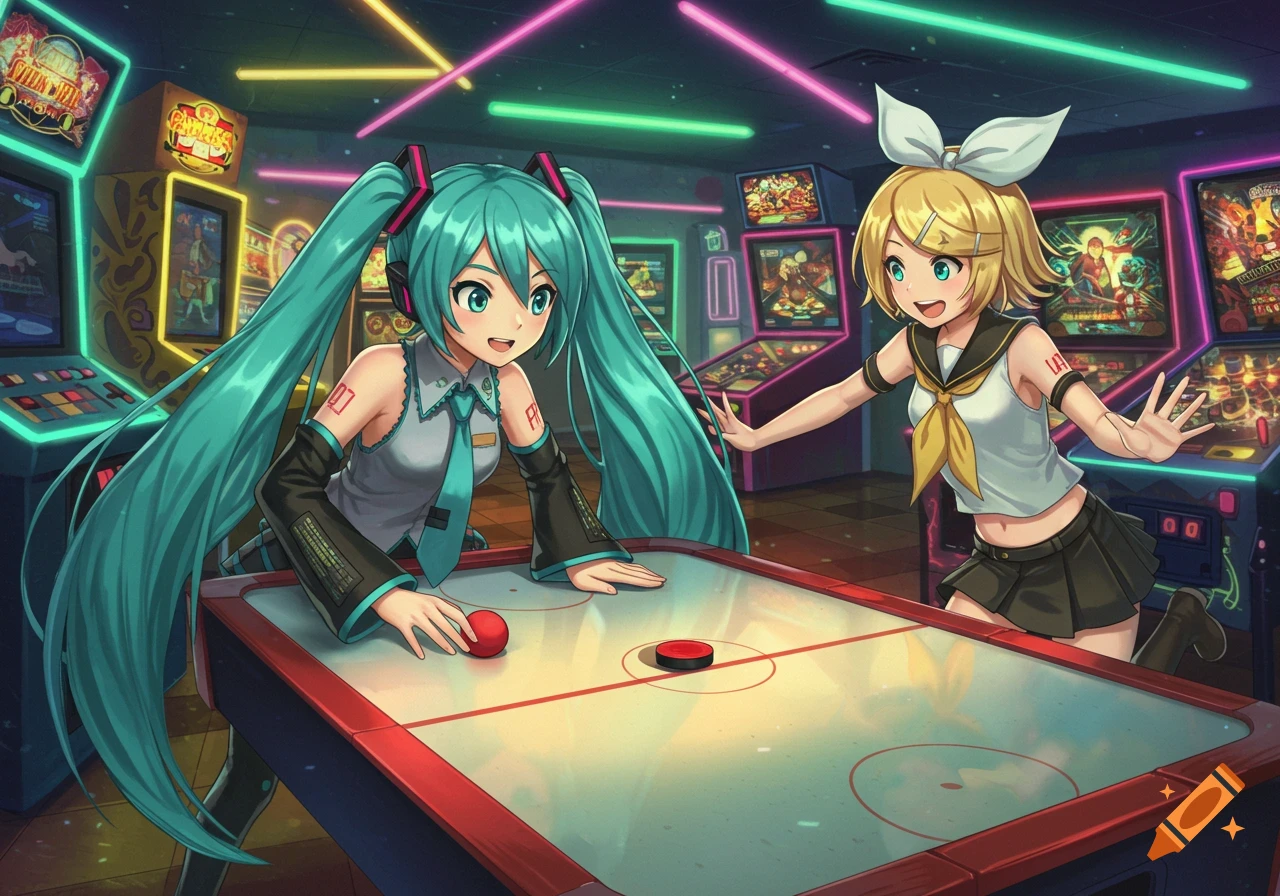 Anime characters Hatsune Miku and Kagamine Rin play air hockey in a vibrant arcade with neon lights.