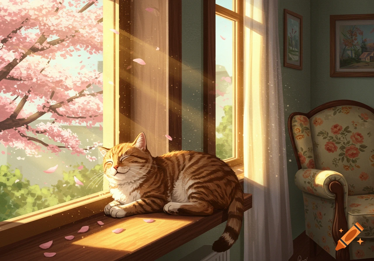 A happy tabby cat naps on a sunlit windowsill with pink cherry blossoms and petals outside, in a cozy illustration.