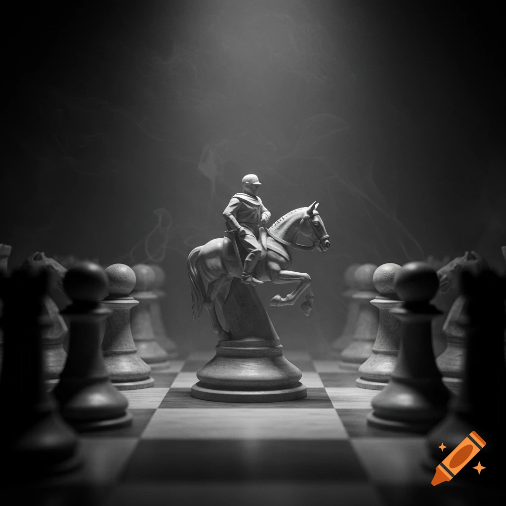 A detailed, grayscale chess knight, a soldier on a horse, stands centrally on a chessboard in dramatic light.