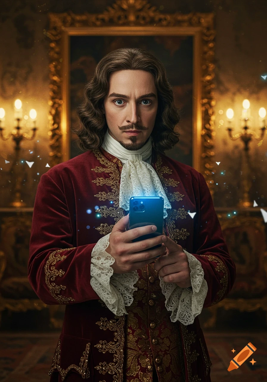 A photorealistic portrait of a man in 17th-century noble attire holding a glowing smartphone in an ornate room.