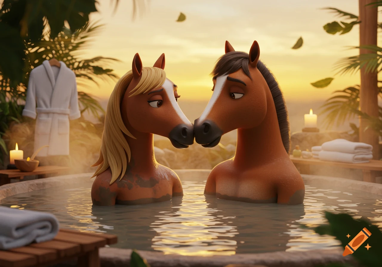Two animated cartoon horses, male and female, nuzzle in a steamy outdoor hot tub at sunset.