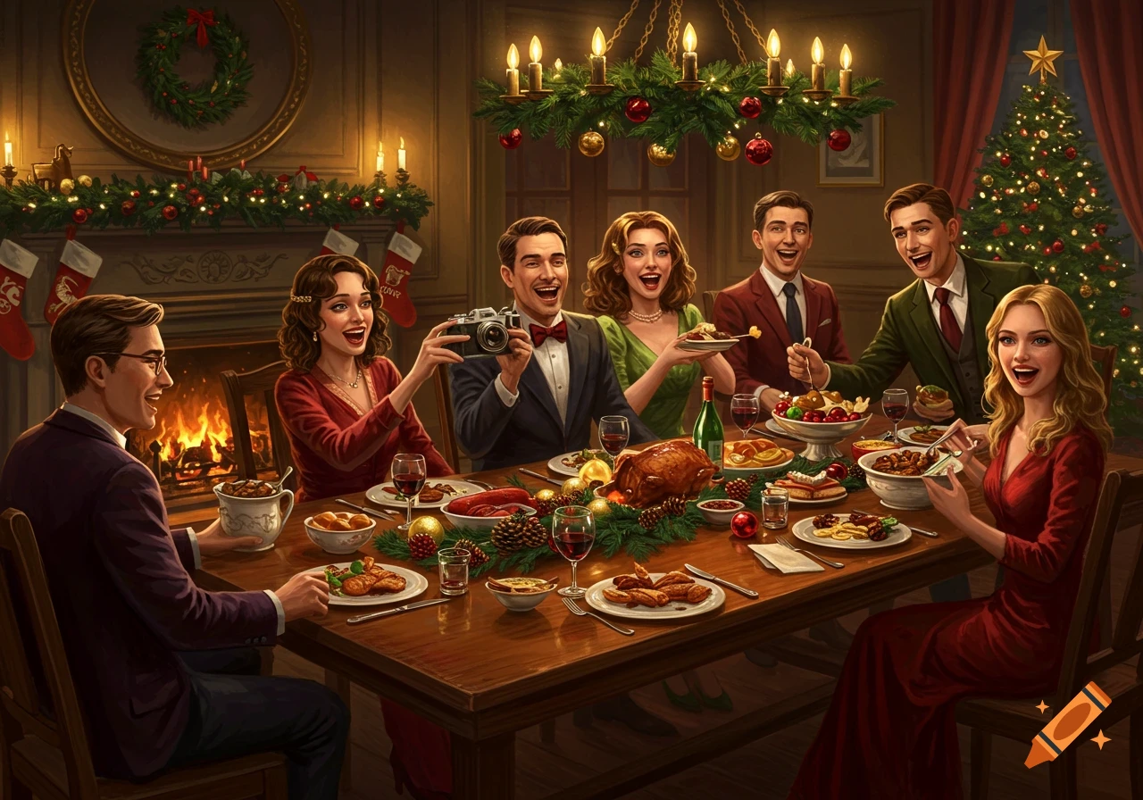 A group of seven well-dressed people enjoy a lively Christmas dinner around a festive table with a fireplace and Christmas tree.