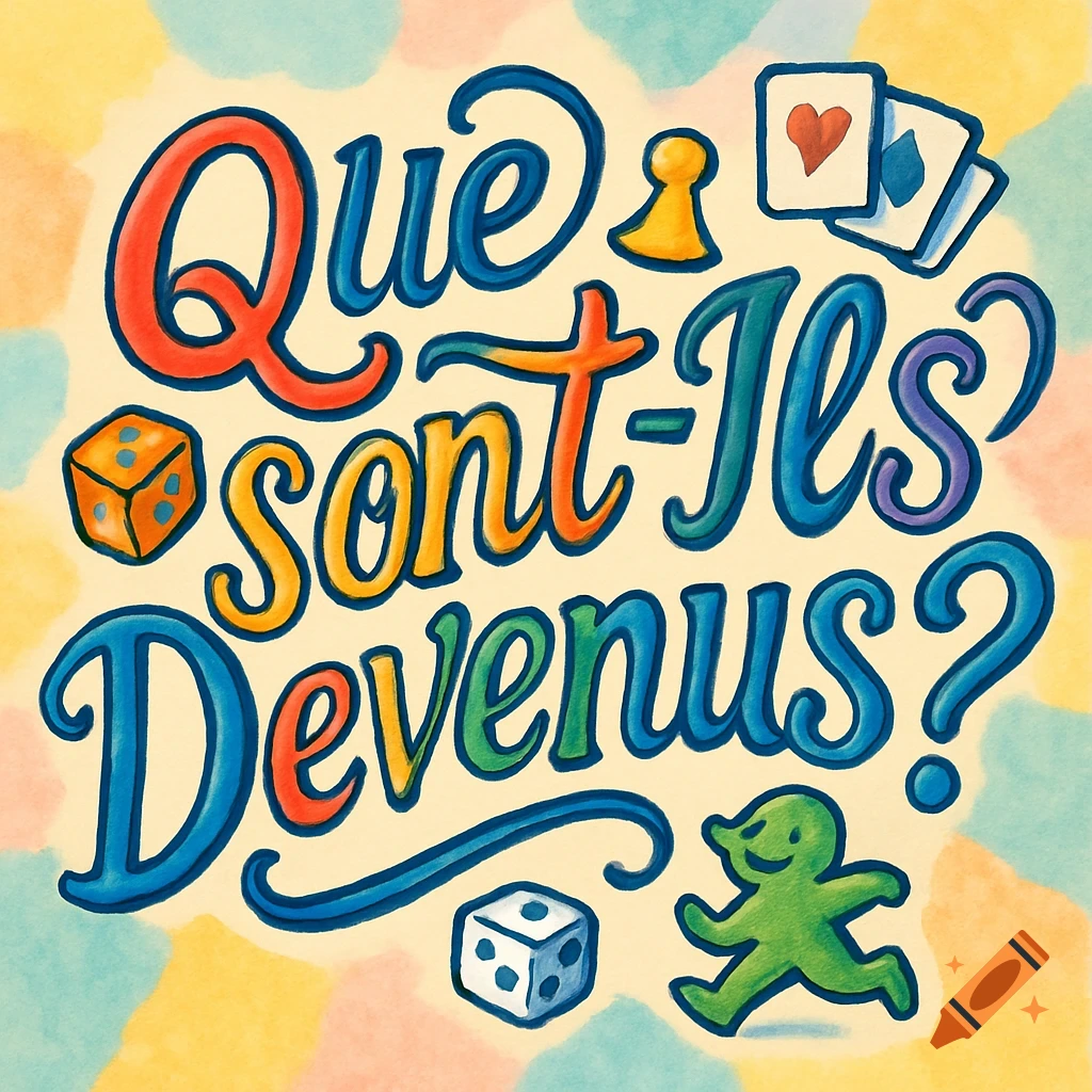 Colorful board game logo with the French text 'Que sont-Ils Devenus?' in a script font, surrounded by dice, a pawn, playing cards, and a green meeple character on a watercolor background.
