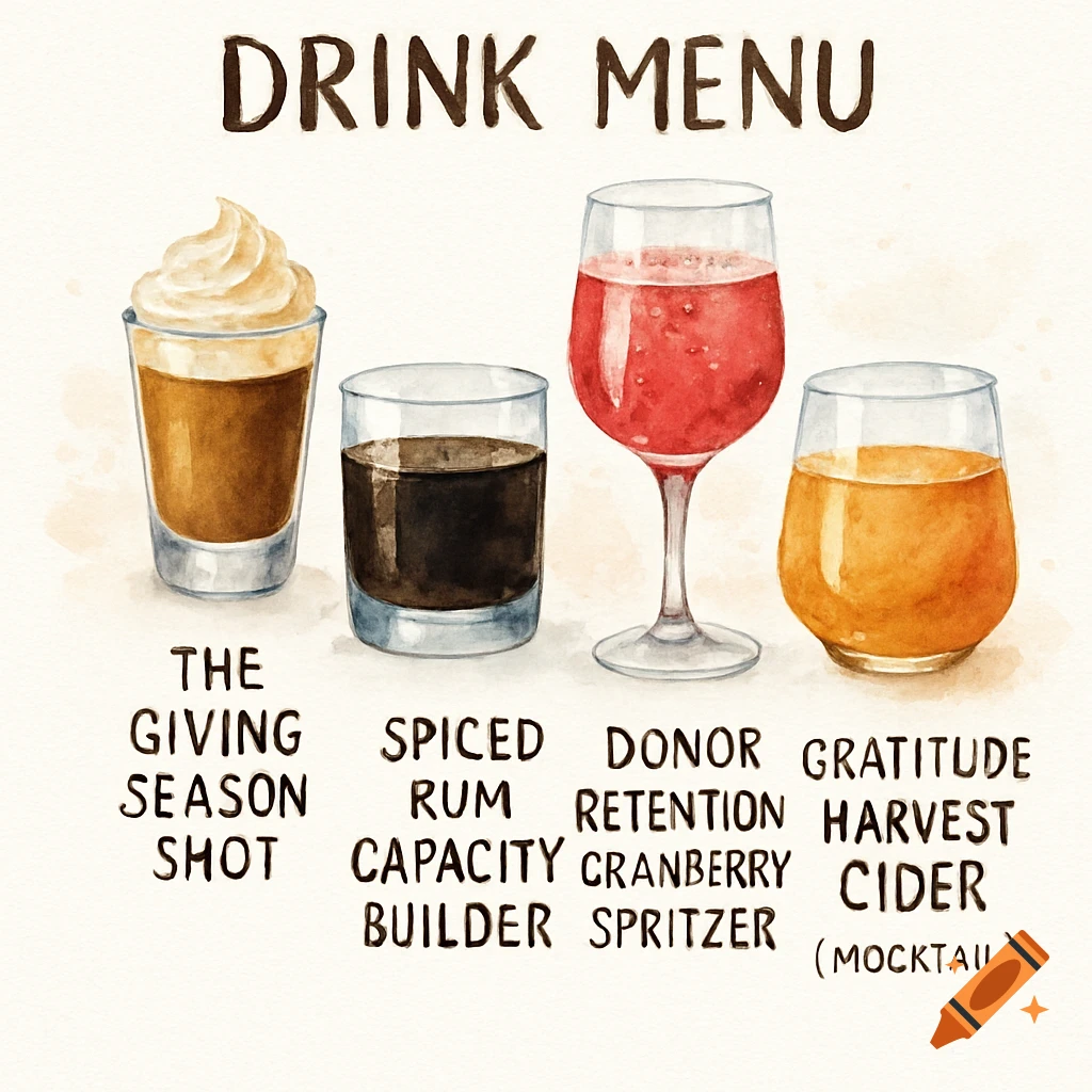 Watercolor illustration of a drink menu with four different beverages and their names listed below each.