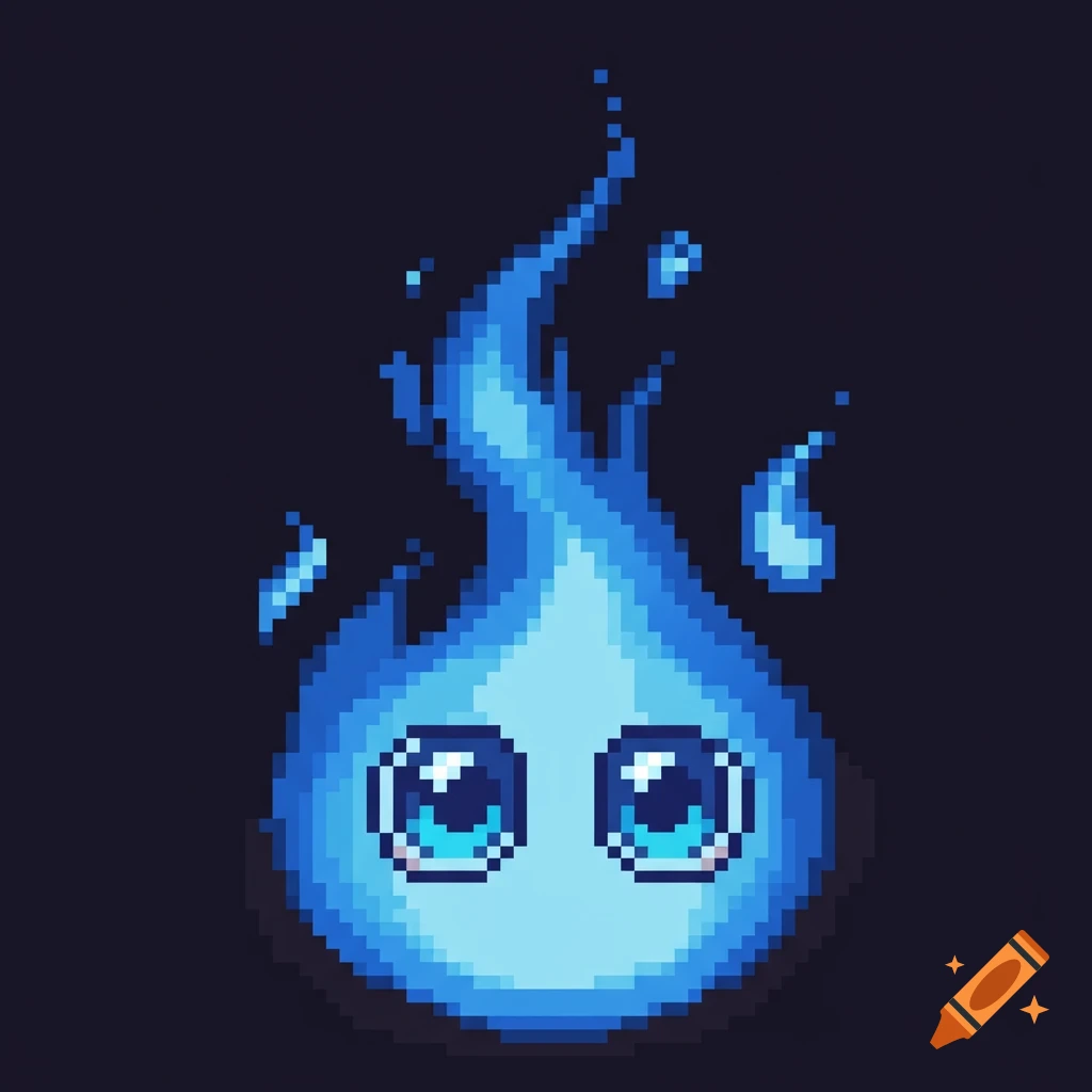 A pixel art rendering of a blue fire spirit with big, shiny, cute eyes against a dark background.