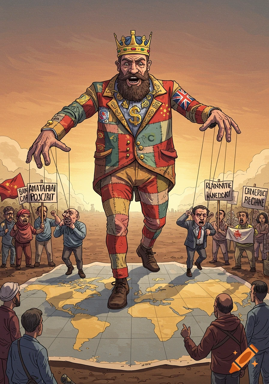 A giant king with a crown and a dollar sign necklace, wearing a patchwork suit of flags, manipulates protesting figures on a world map in a political cartoon style.