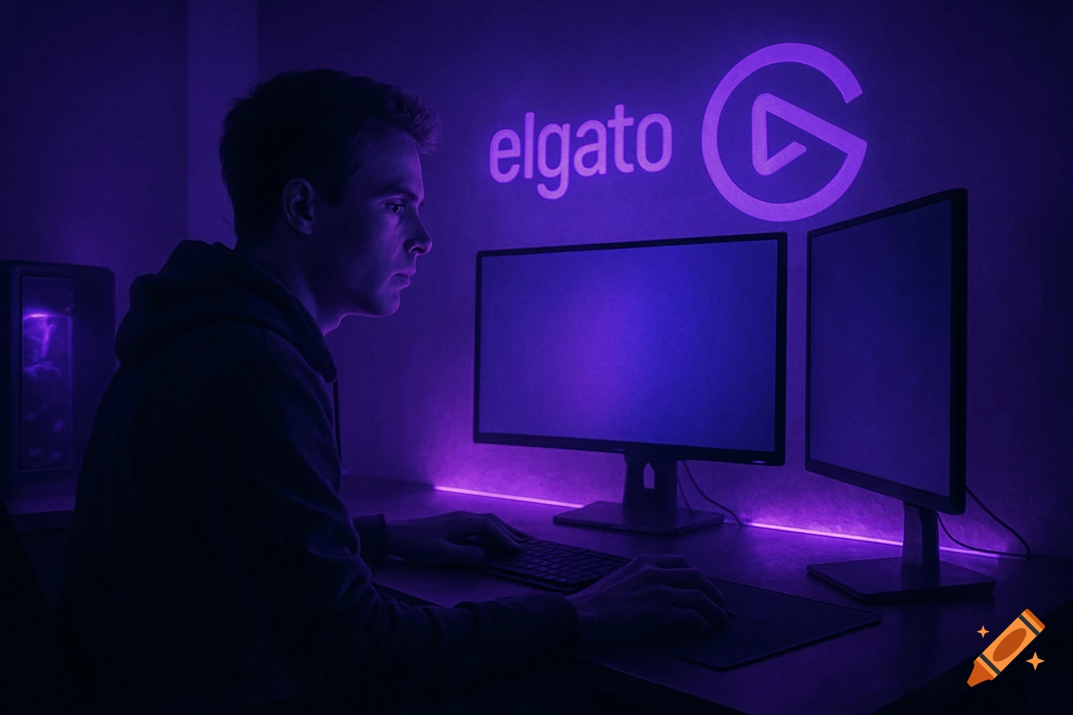 A person sits at a computer desk with two monitors, illuminated by purple Elgato logo lighting on the wall.