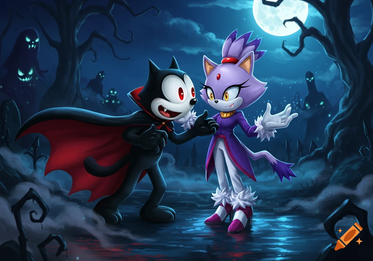 Felix the Cat as a vampire and Blaze the Cat as a vampire stand in a spooky moonlit graveyard with glowing-eyed ghosts.