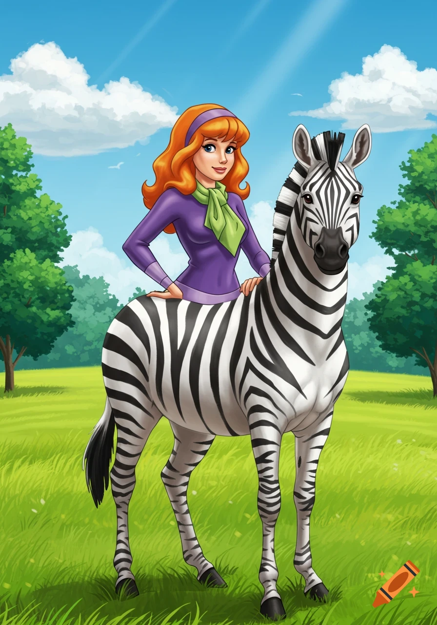 Cartoon illustration of Daphne from Scooby Doo as a zebra centaur standing in a bright green field under a blue sky.