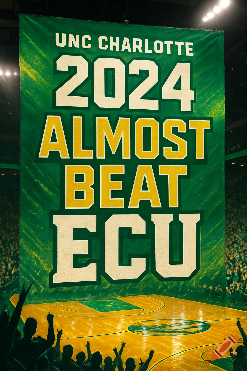 A large green and yellow banner hangs in a basketball arena, displaying "UNC CHARLOTTE 2024 ALMOST BEAT ECU" above a packed court.