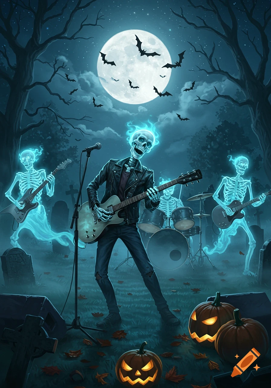 An illustration of a spooky skeleton rock band performing in a moonlit graveyard with jack-o'-lanterns and flying bats.