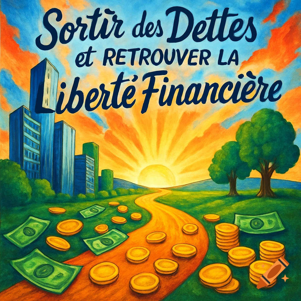 Vibrant illustration of a path leading to a sunrise with money scattered, city buildings, and trees. Text: 'Sortir des Dettes et Retrouver la Liberté Financière'.