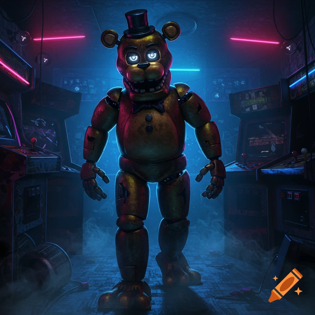 A golden animatronic bear, Freddy Fazbear, with a top hat and bowtie stands in a dimly lit, neon-lit arcade with glowing eyes.