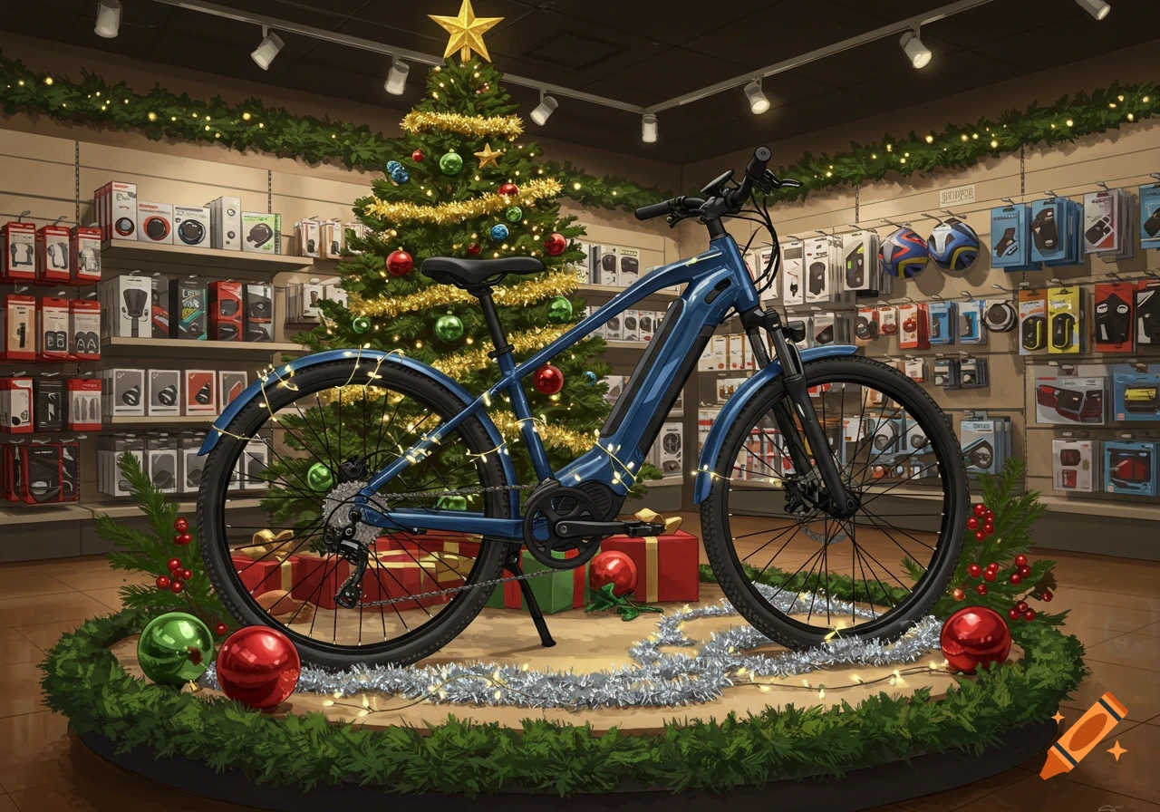 A blue e-bike with Christmas lights is displayed next to a decorated Christmas tree in a festive store.