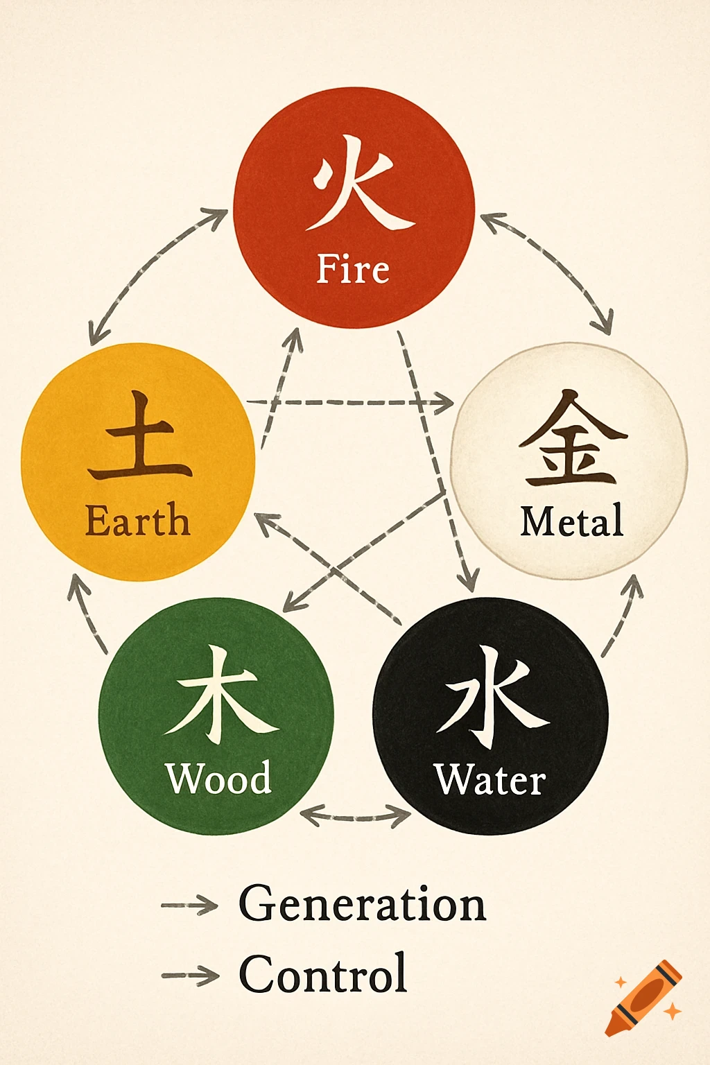 A diagram of the Five Elements cycles of generation and control, featuring five colored circles labeled Fire, Earth, Metal, Water, and Wood with corresponding Chinese characters.