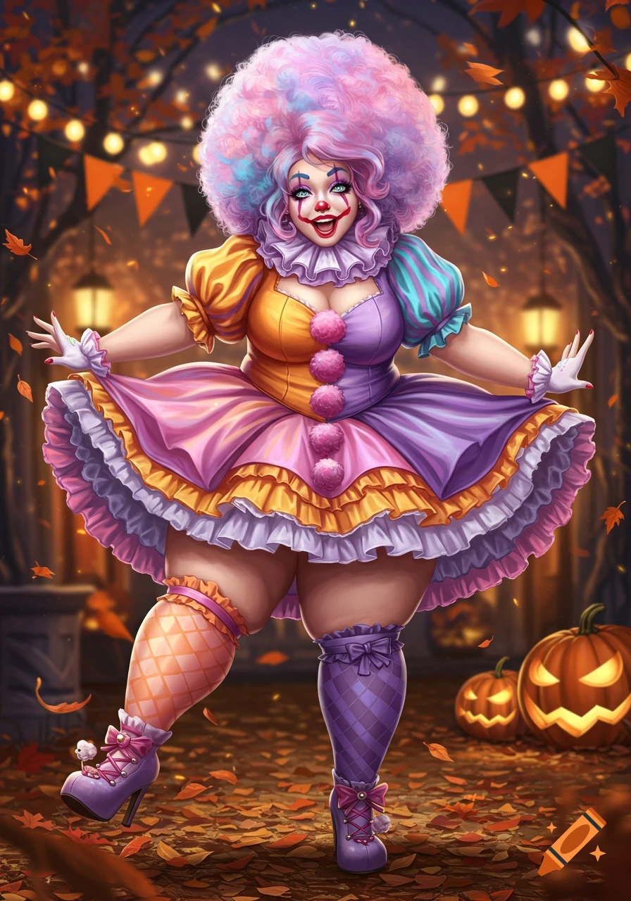 A cheerful, plump woman in a colorful clown costume with a pink afro and frilly dress poses at an outdoor Halloween party with pumpkins and fall leaves. Digital art.
