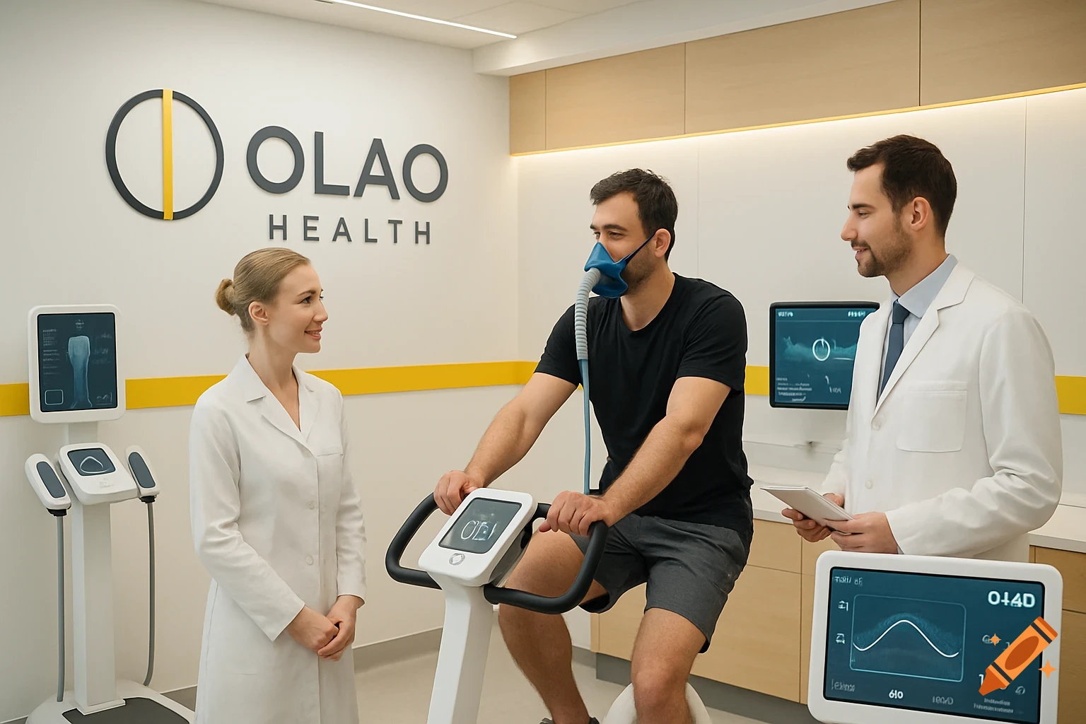 A man on an exercise bike wears a mask for a medical test, observed by a female scientist and a male doctor in a modern OLAO Health facility.