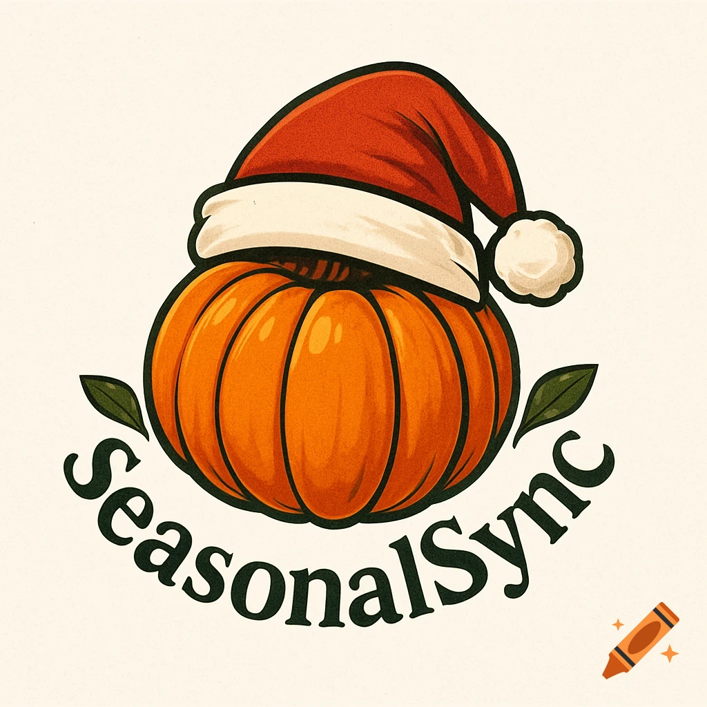 Cartoon logo of an orange pumpkin wearing a red and white Santa hat, with "SeasonalSync" text curving below it in an illustration style.