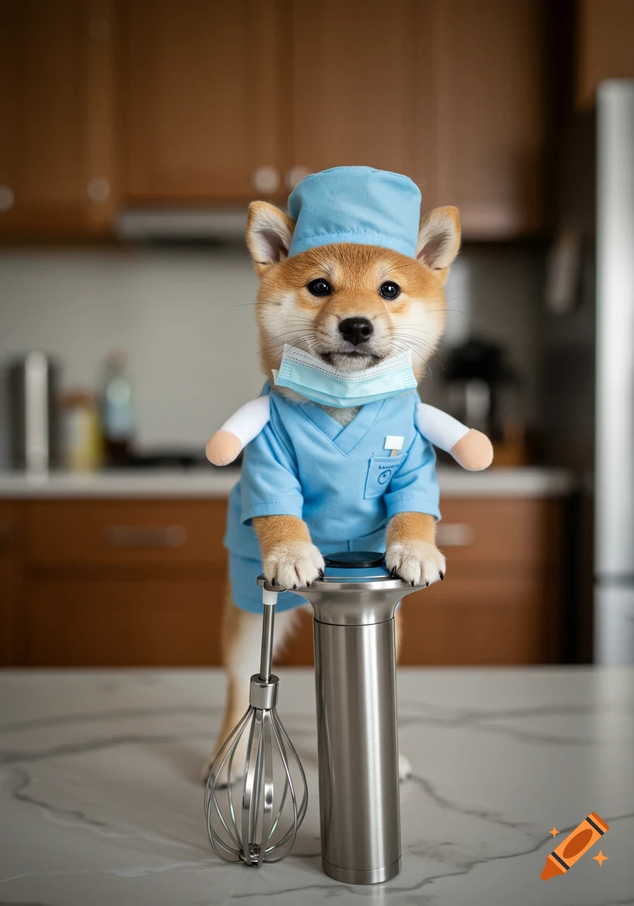 A photorealistic Shiba Inu puppy dressed in a light blue surgeon's scrub, hat, and mask, standing on a kitchen counter with paws on a metal immersion blender.
