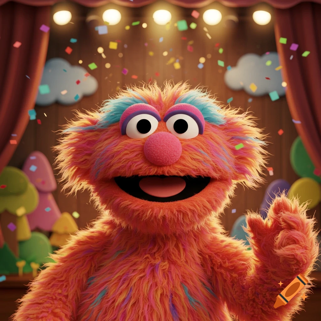 A friendly, fluffy orange muppet with pink and blue accents, big eyes, and an open mouth waves on a stage with falling confetti.